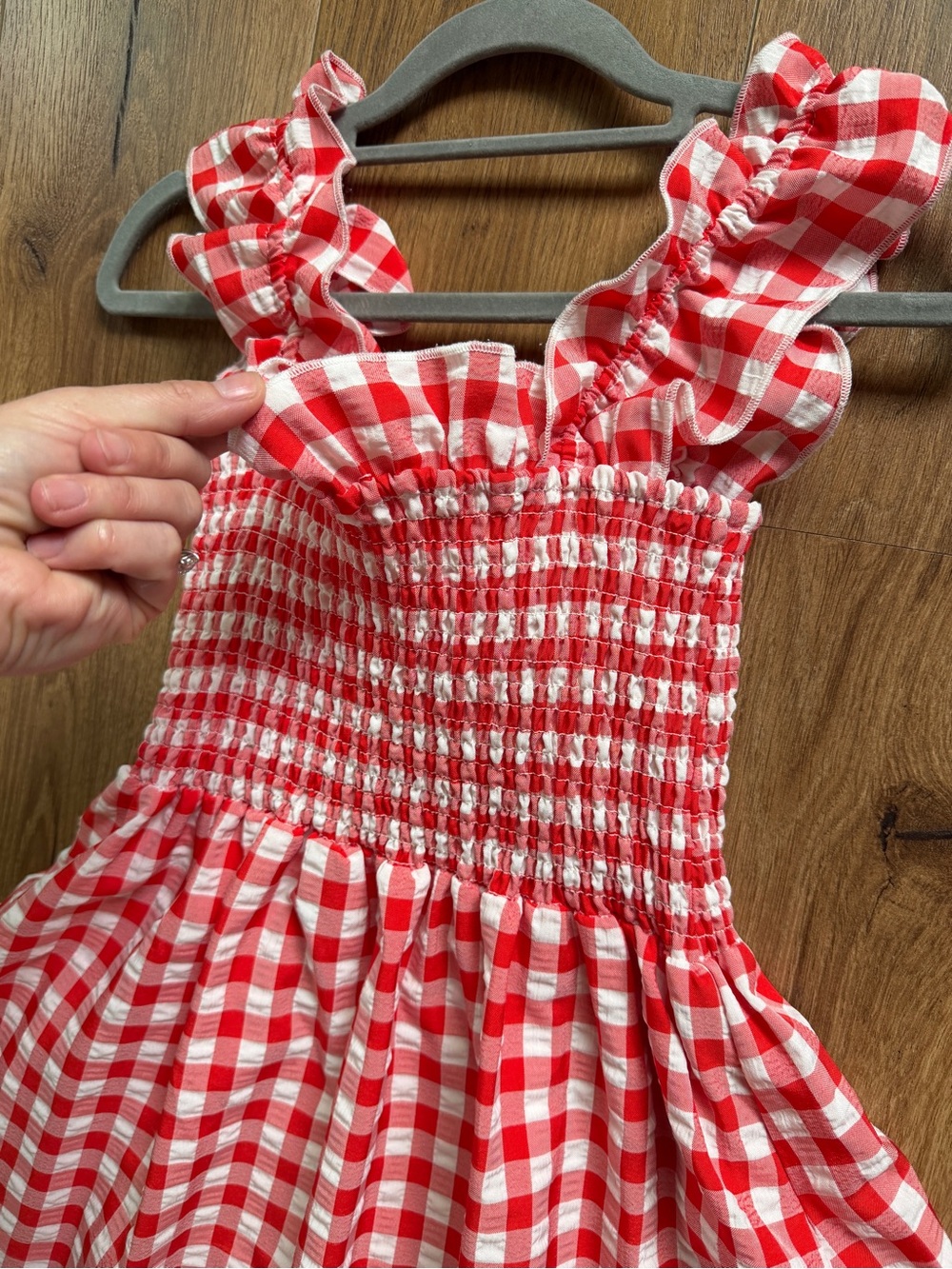 Red Gingham Smocked Sundress with Ruffle Straps - Picture 2 of 5